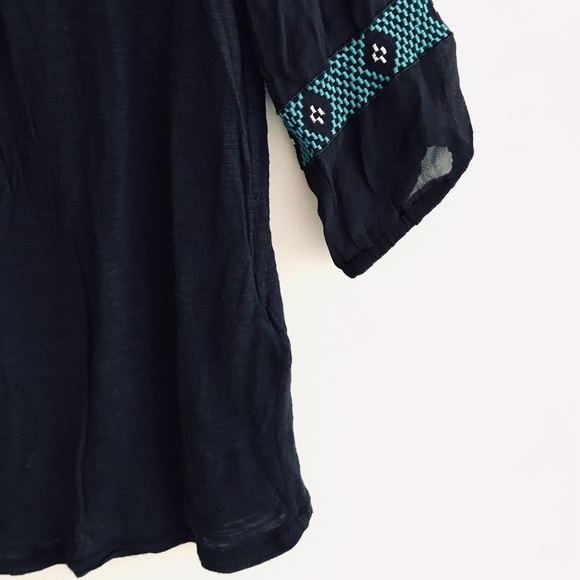 Lucky Brand | Aztec Print Pullover Top Womens Small Blue V-neck Sheer Size S - Picture 3 of 13